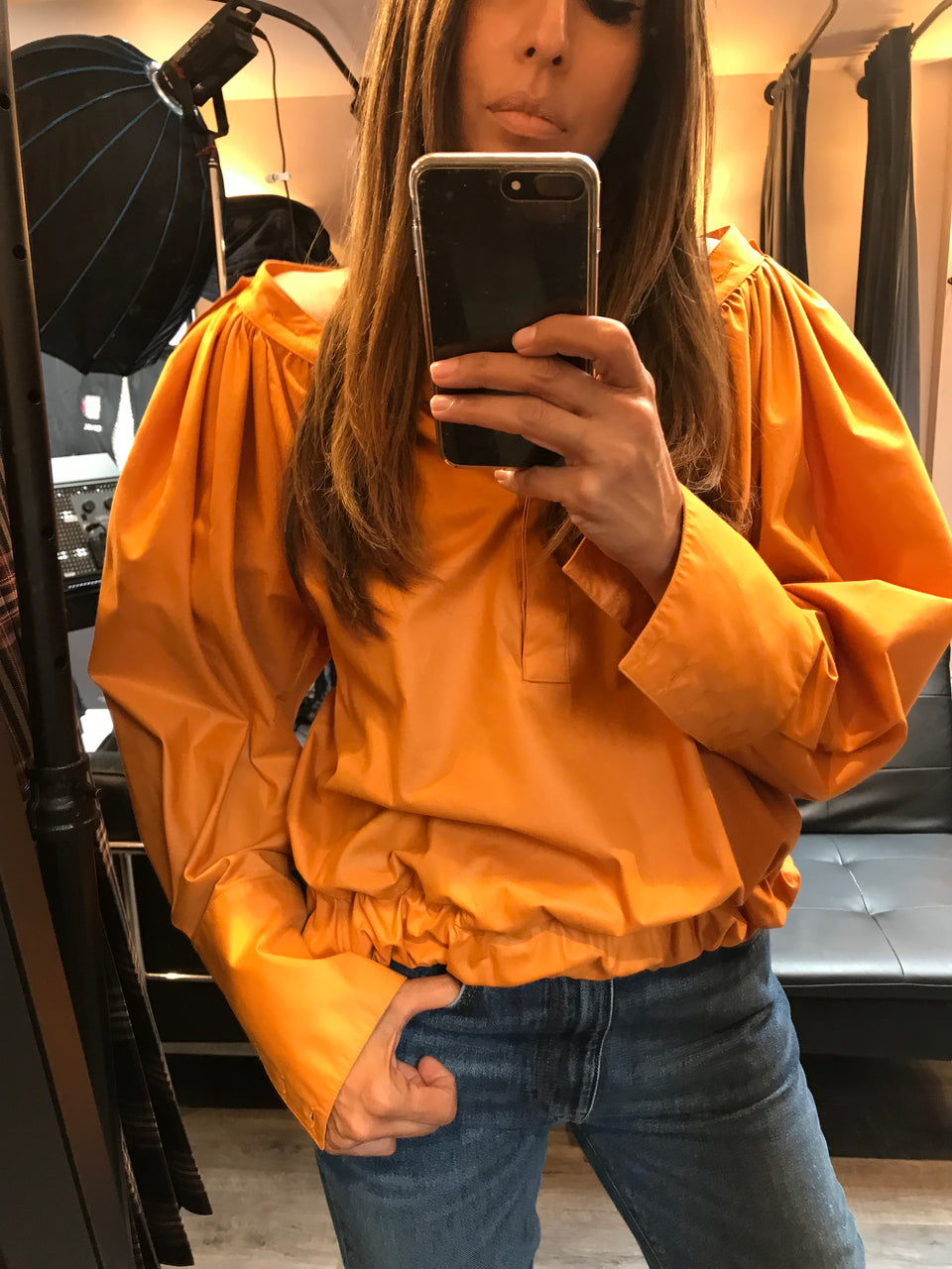 Puff Sleeve Wide Neck Top with Buttons