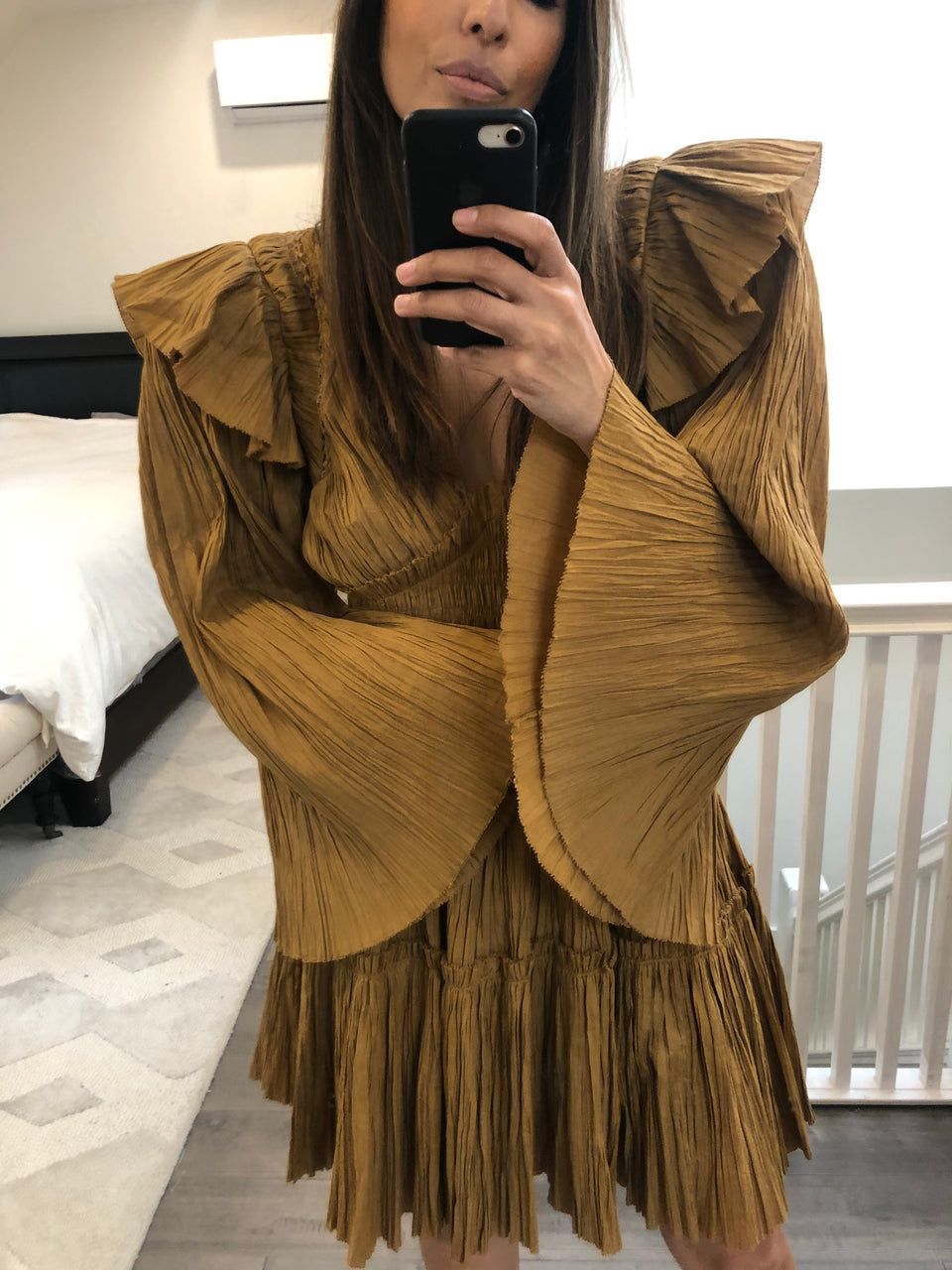 Peak Shoulder Plisse Dress