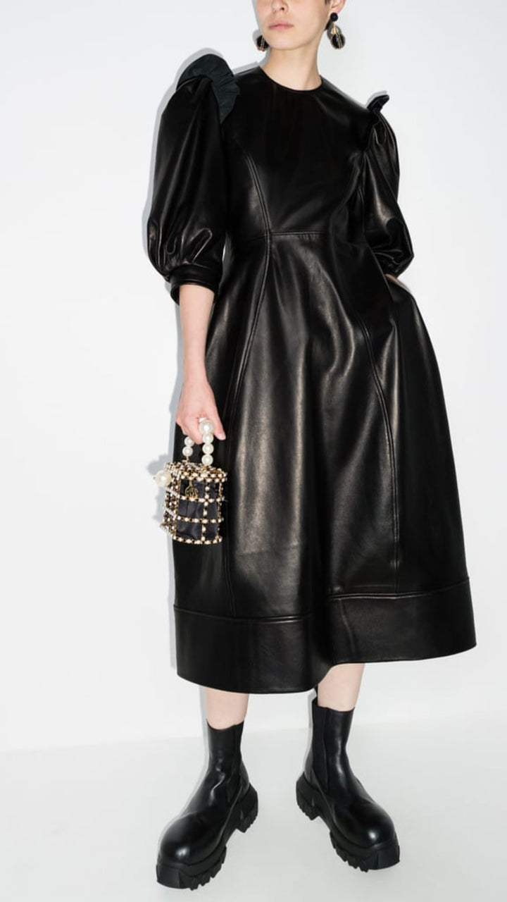 Ruffle Sleeve Leather Runway Dress