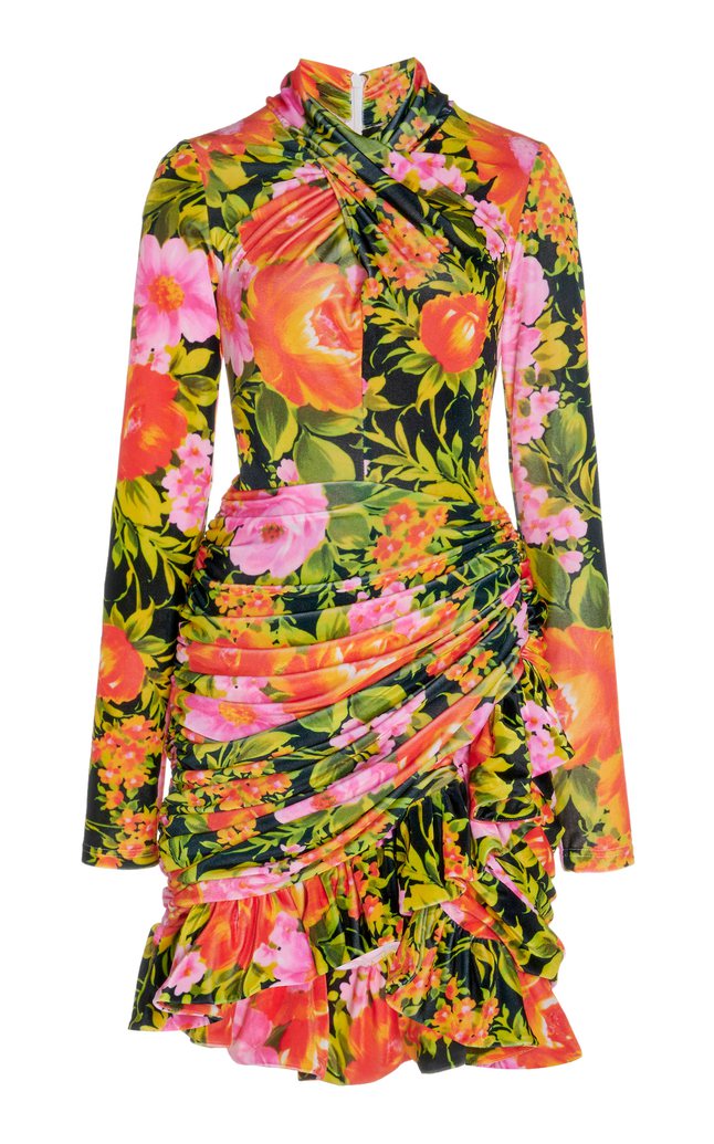 Velvet Floral Dress with Ruched Side