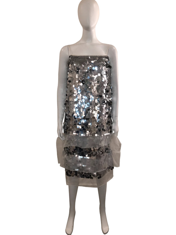Silver Sequin Dress with White Ruffle Detail