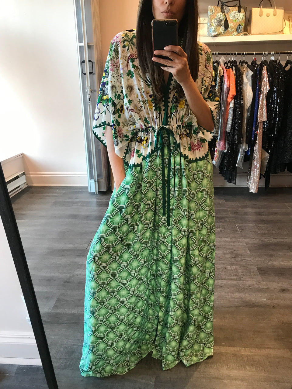 Printed Silk Caftan Dress with Drawstring