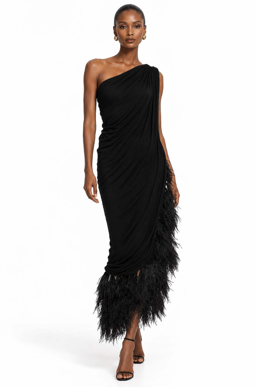 LANVIN ONE SHOULDER JERSEY DRESS WITH OSTRICH FEATHER HEM - FR 36