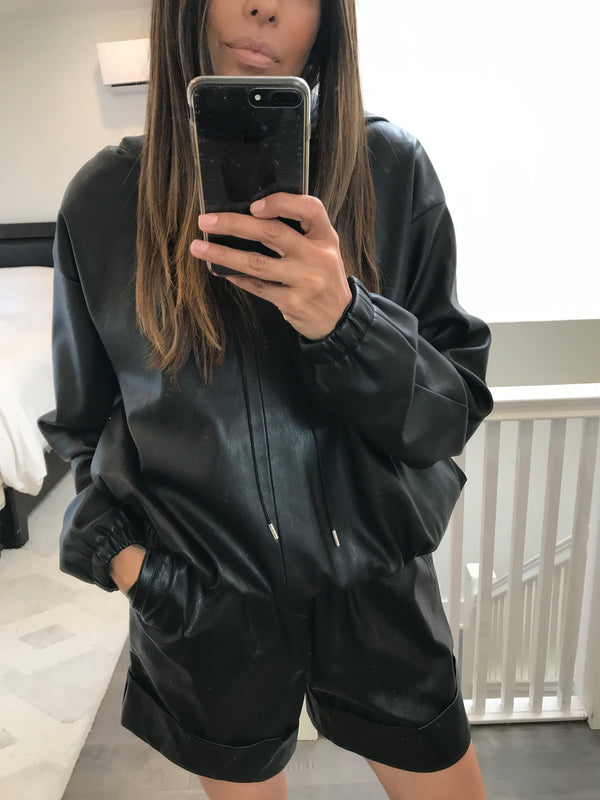 Faux leather hoodie with matching shorts