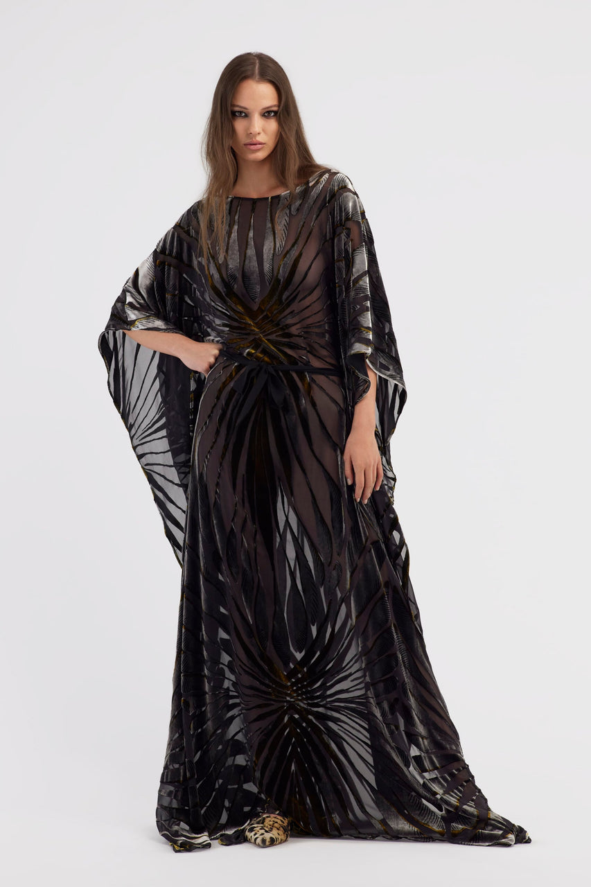 ROBERTO CAVALLI VELVET KAFTAN WITH RAY OF GOLD PRINT - IT 46