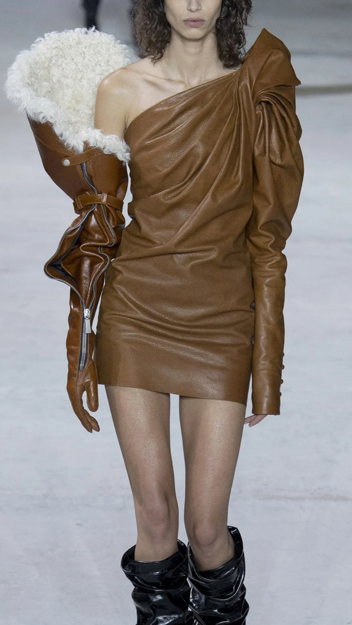One shoulder leather runway dress