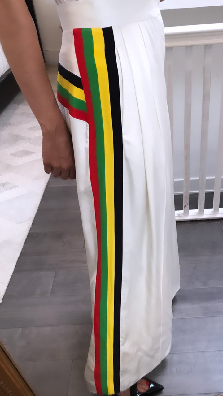 Trouser with multicoloured stripe
