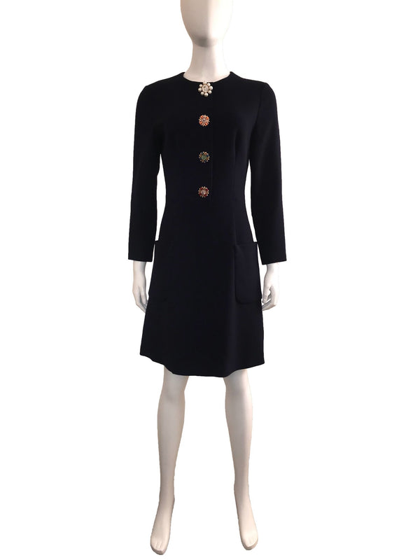 Navy Shift Dress with Floral Buttons
