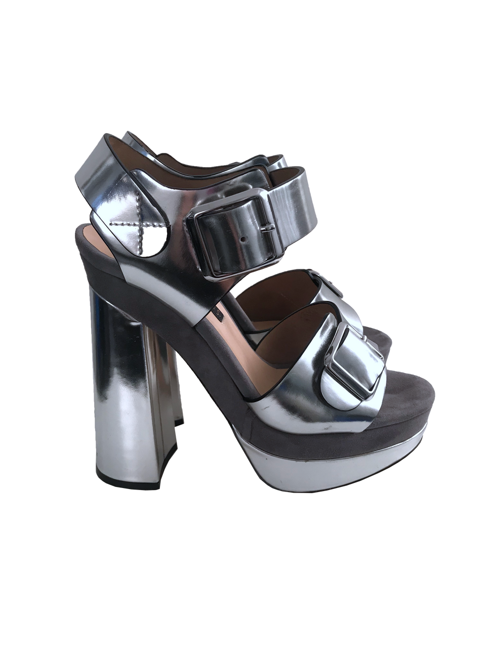 Silver Chunky Double Buckle Strap Heels