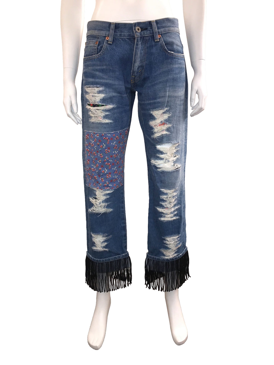 Patchwork Distressed Cropped Jeans with Fringe Bottom