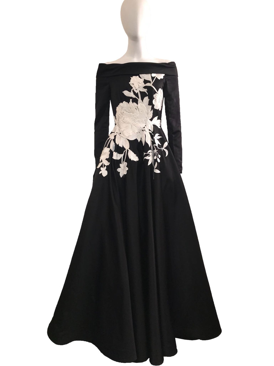 Black Long Sleeve Gown w/ White Embroidery Detail