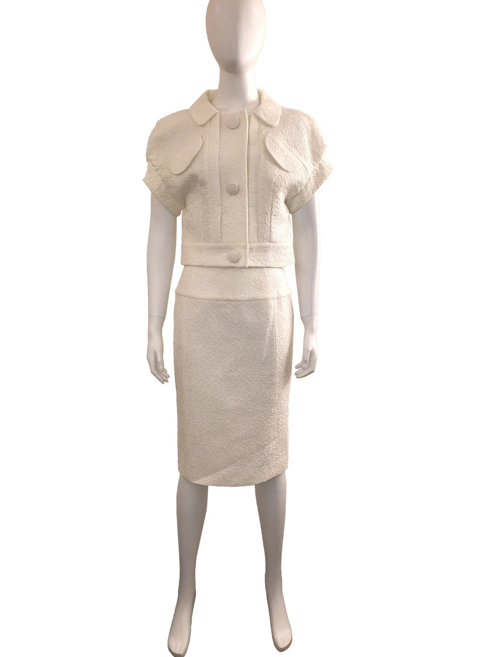 White Cap Sleeve Textured Skirt Suit