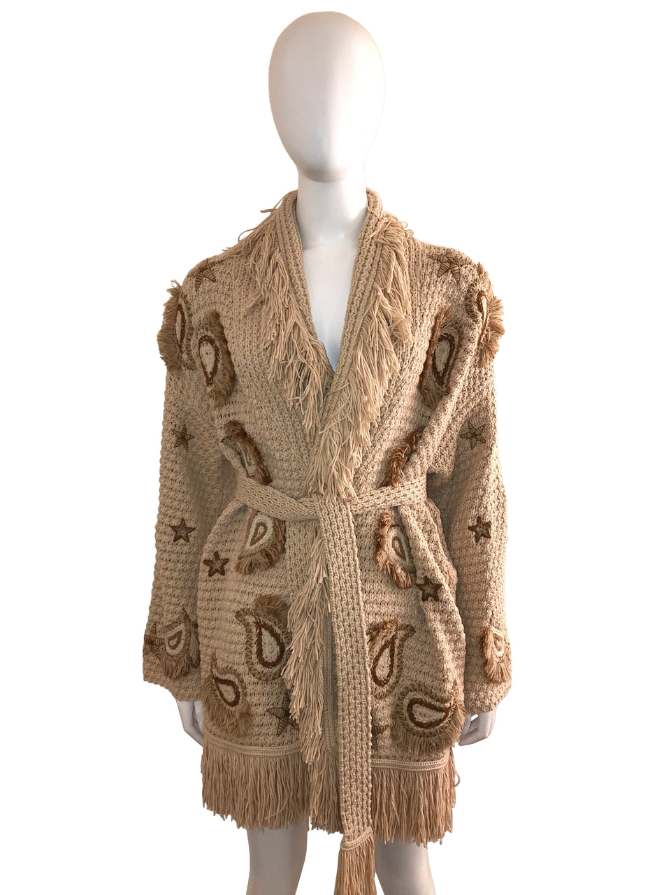 Fringed Knit Cardigan with Stars and Paisley Embroidery