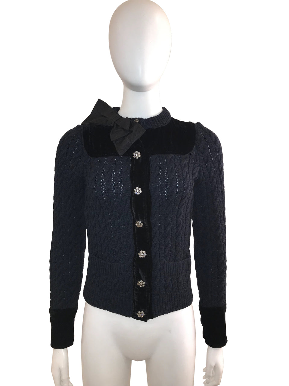 Velvet and Cable Knit Cardigan with Embellished Buttons